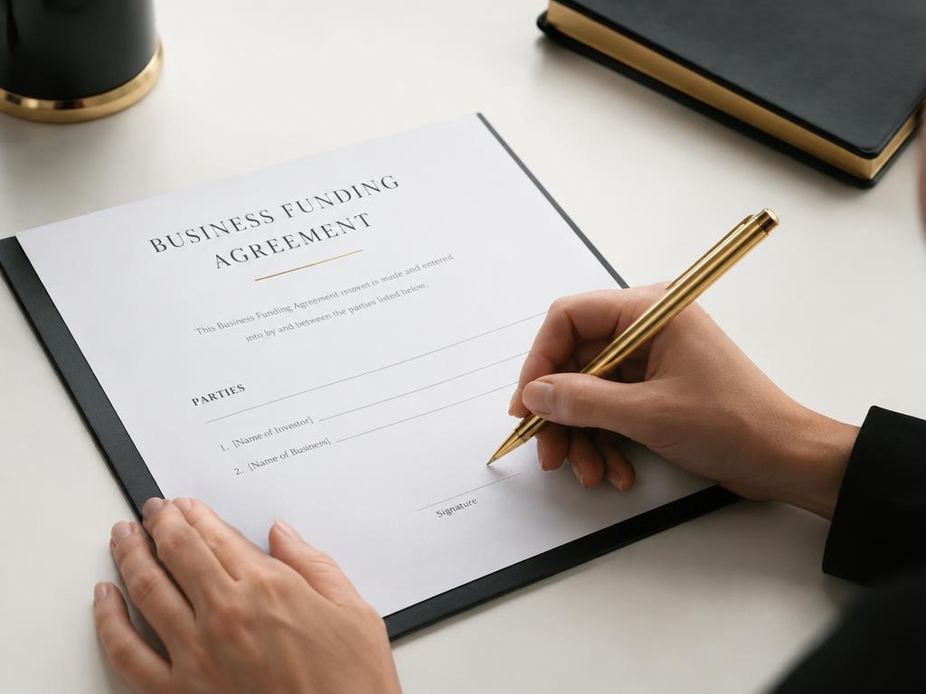 Hands signing a business funding agreement with a gold pen