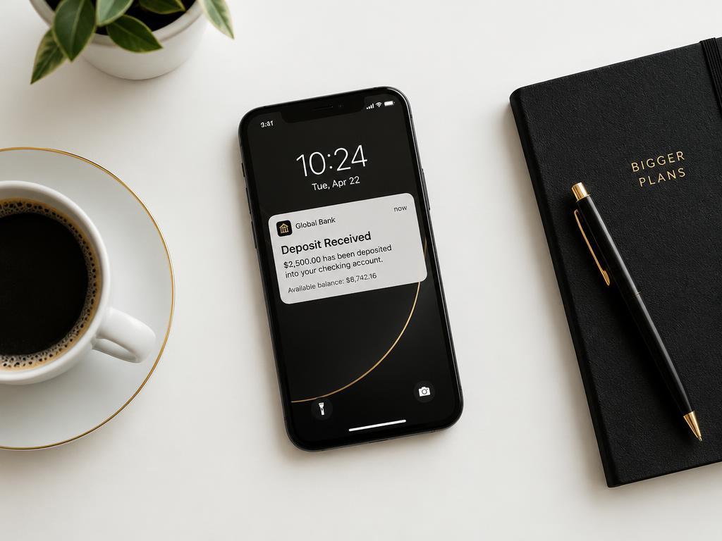 Smartphone showing a deposit notification on a clean desk