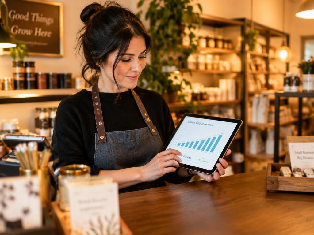 Shop owner reviewing rising sales charts on a tablet